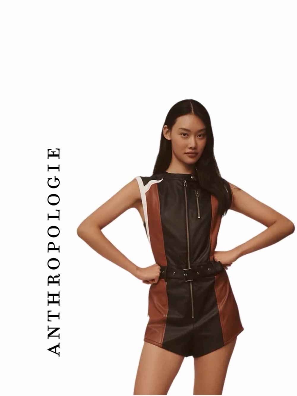Anthropologie Sleeveless Faux Leather Belted Micro Romper